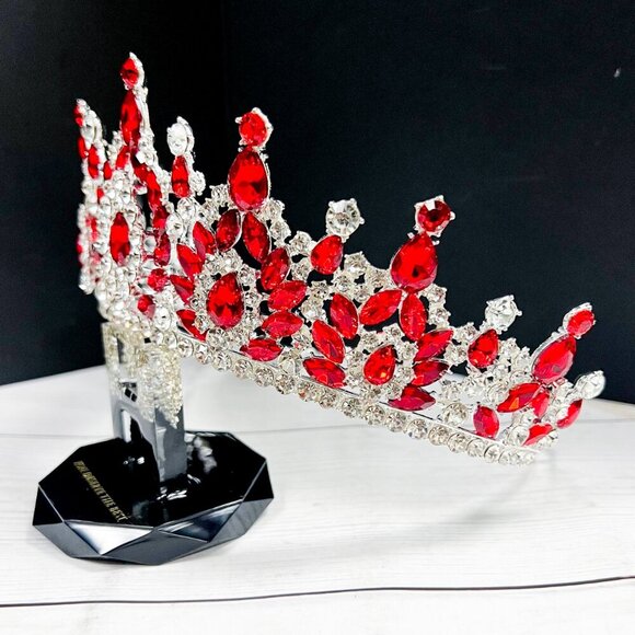 Silver Crystal Tiara, Wedding Bridal Crown, Prom Party Crown, Red Crystal Crown - Picture 2 of 6